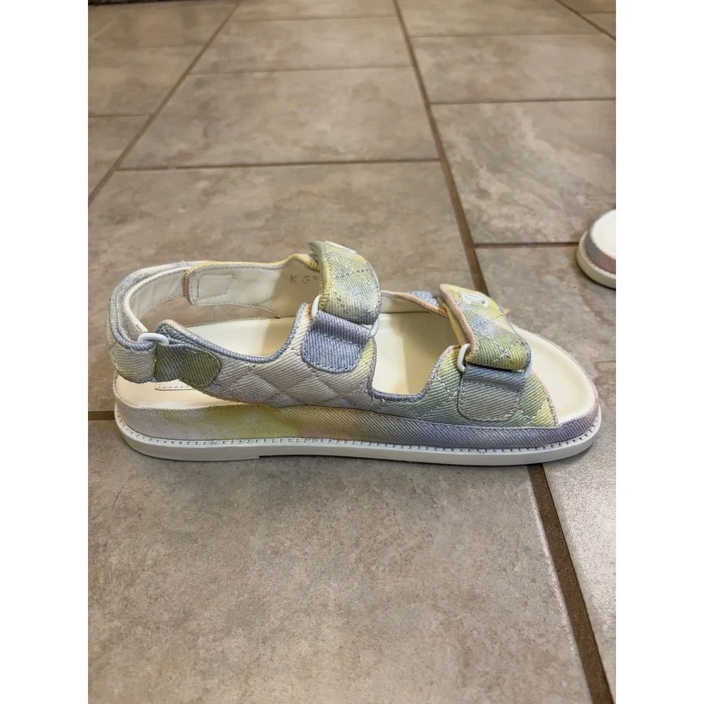 Authentic Chanel Pastel Tie Dye Denim Quilted Dad Sandals G35927 CC Logo 37C